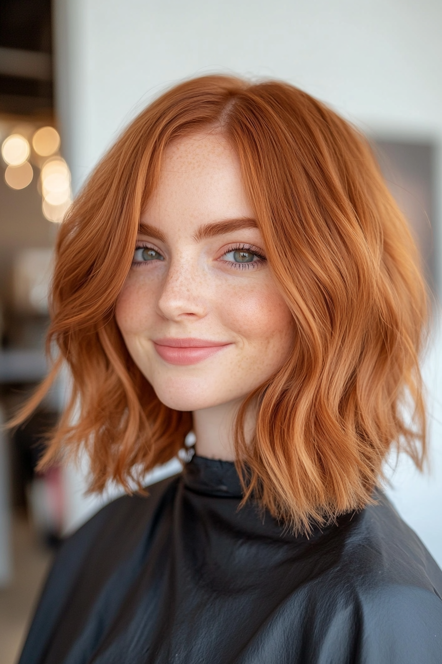 8. Soft Auburn Bob with Gentle Waves (Medium Bob Hairstyles) - Medium Bob Hairstyles