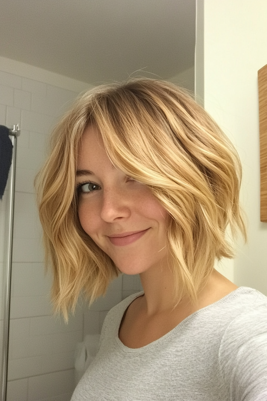 9. Tousled Golden Blonde Bob with Wispy Ends (Medium Bob Hairstyles) - Medium Bob Hairstyles