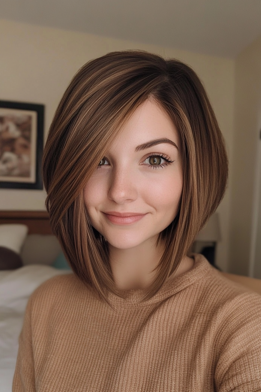 11. Dimensional Mocha Bob with Long Side Bangs (Medium Bob Hairstyles) - Medium Bob Hairstyles