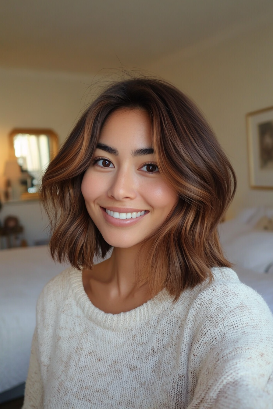 16. Subtle Ombre Chestnut to Walnut Lob (Medium Bob Hairstyles) - Medium Bob Hairstyles