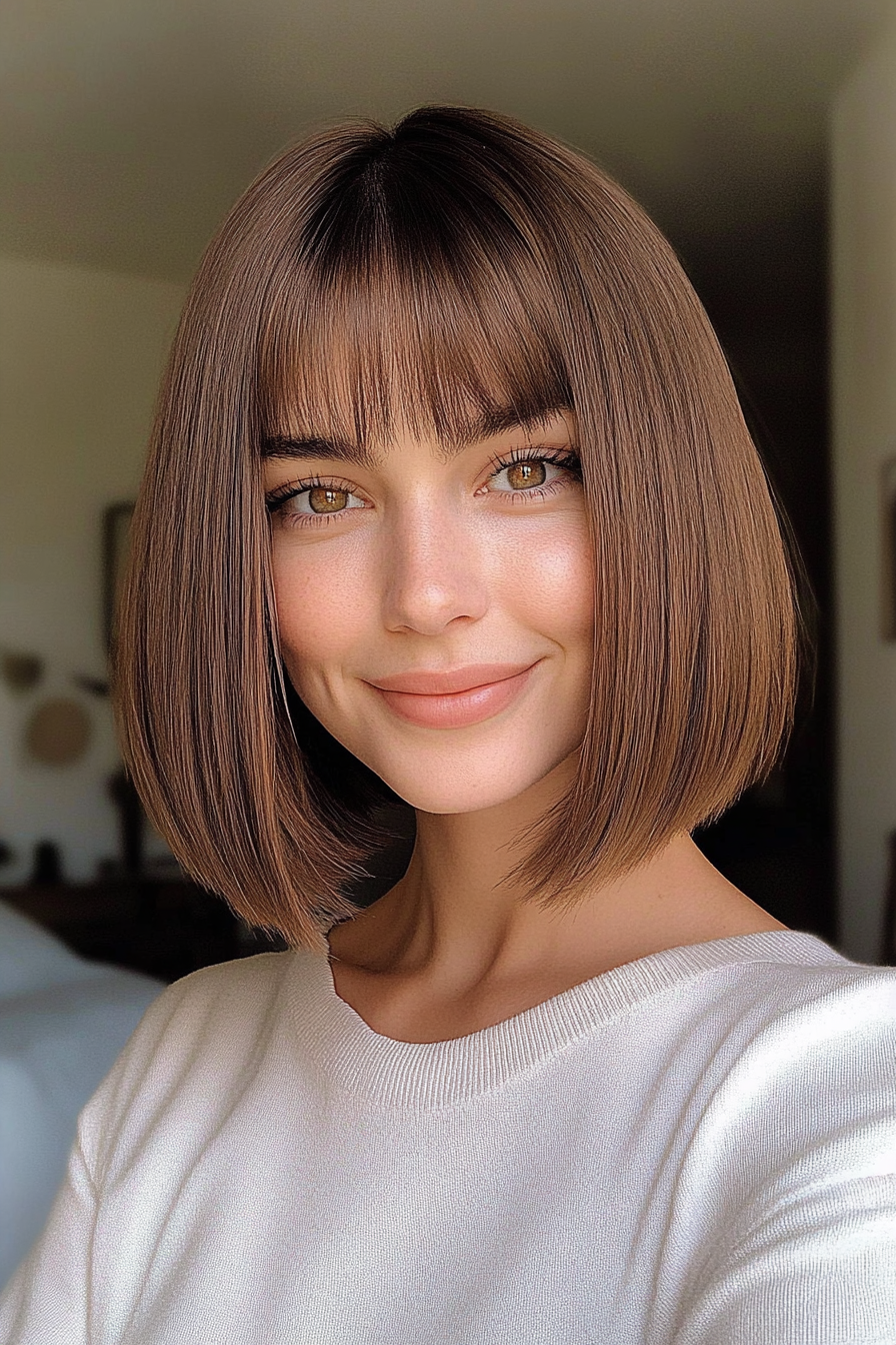 25. Medium Mushroom Brown Bob with Blunt Bangs (Medium Bob Hairstyles) - Medium Bob Hairstyles