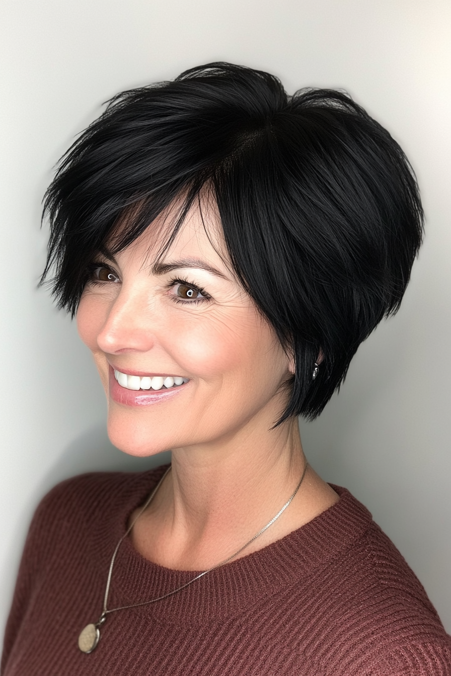 3. Layered Crop with Jet Black Shine (Short Black Hairstyles For Women Over 50) - Short Black Hairstyles For Women Over 50