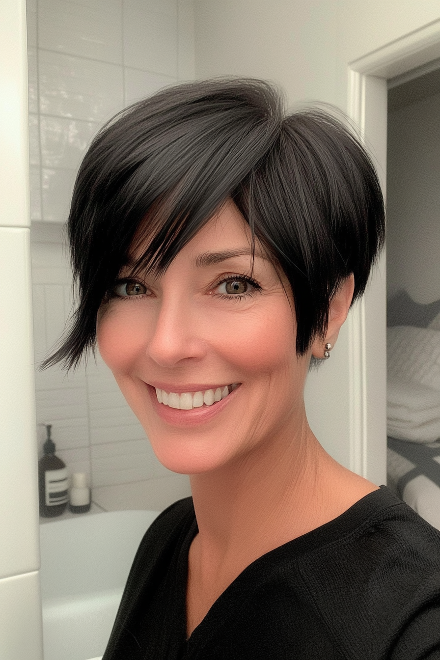 4. Side-Swept Bangs with Charcoal Black Hue (Short Black Hairstyles For Women Over 50) - Short Black Hairstyles For Women Over 50