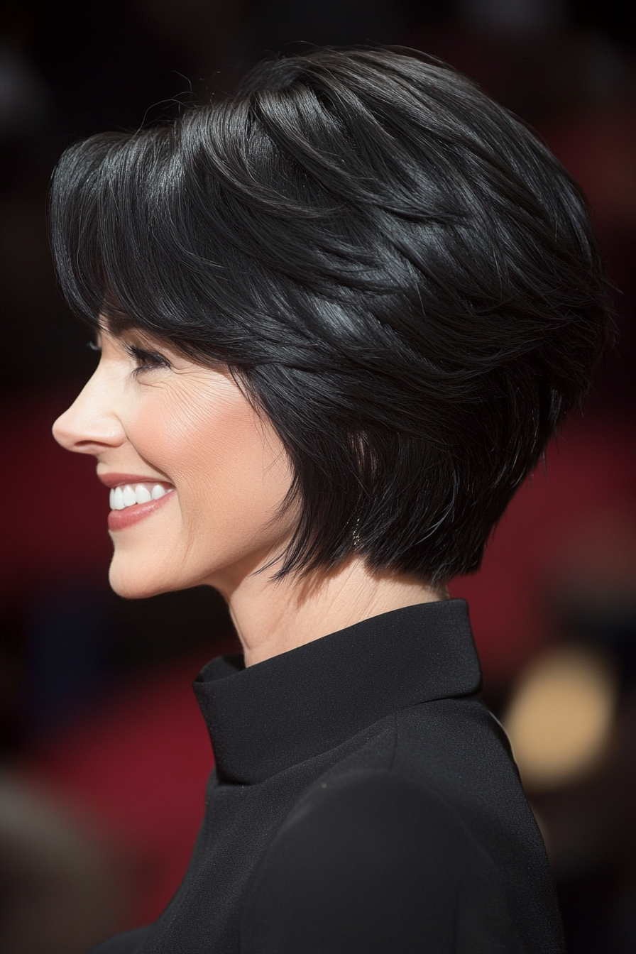 7. Cropped Layered Bob in Soft Black (Short Black Hairstyles For Women Over 50) - Short Black Hairstyles For Women Over 50