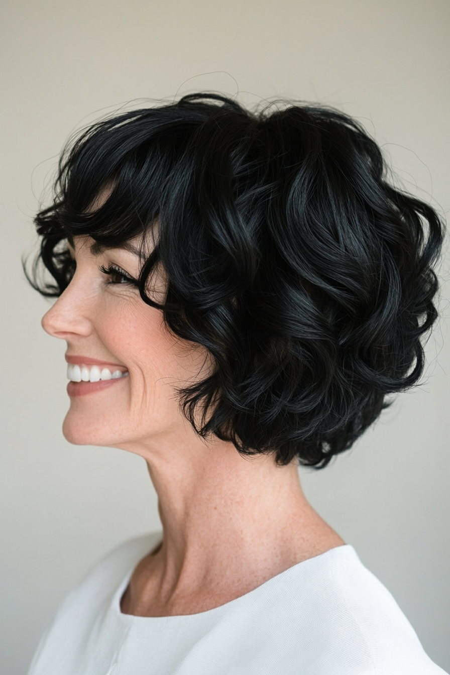 9. Chin-Length Bob with Jet Black Curls (Short Black Hairstyles For Women Over 50) - Short Black Hairstyles For Women Over 50