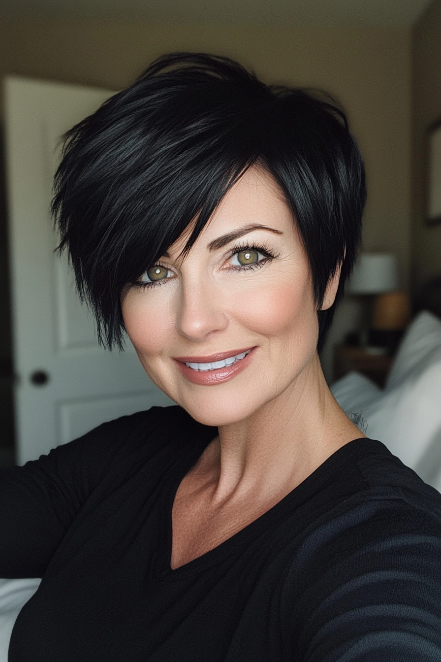 10. Asymmetrical Pixie in Matte Black (Short Black Hairstyles For Women Over 50) - Short Black Hairstyles For Women Over 50
