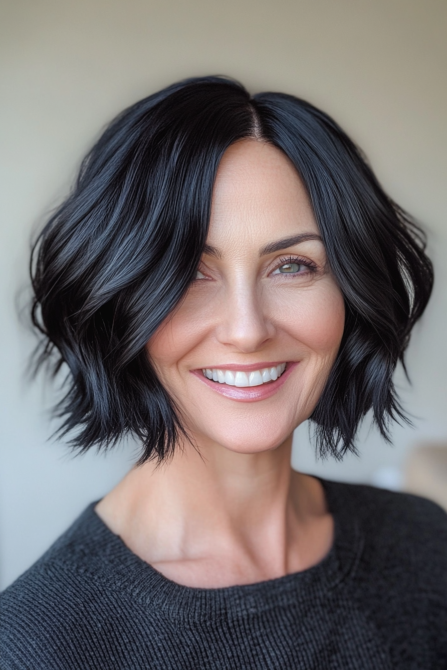 15. Wavy Bob with Charcoal Black Finish (Short Black Hairstyles For Women Over 50) - Short Black Hairstyles For Women Over 50