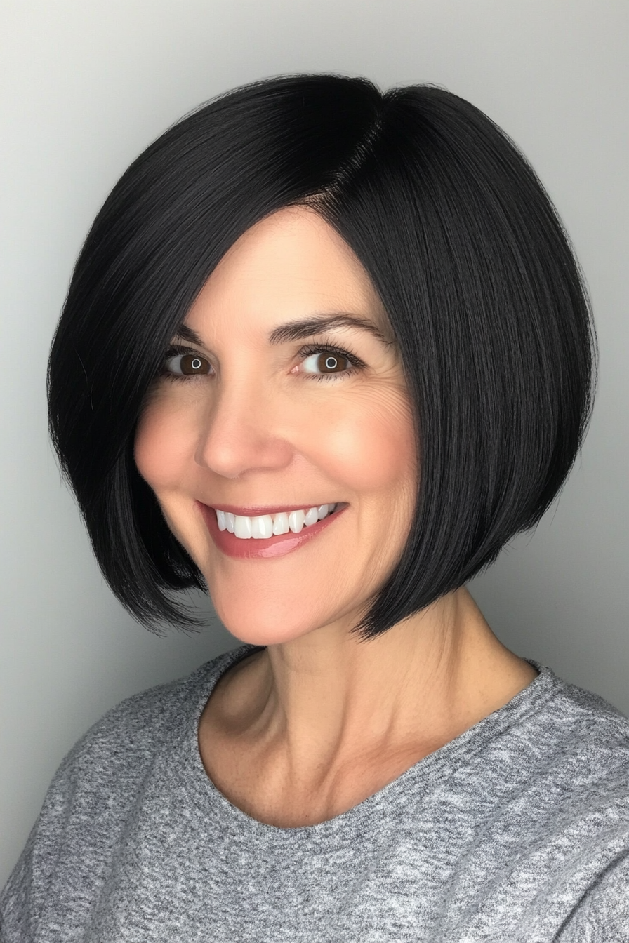 16. Rounded Bob in Deep Natural Black (Short Black Hairstyles For Women Over 50) - Short Black Hairstyles For Women Over 50