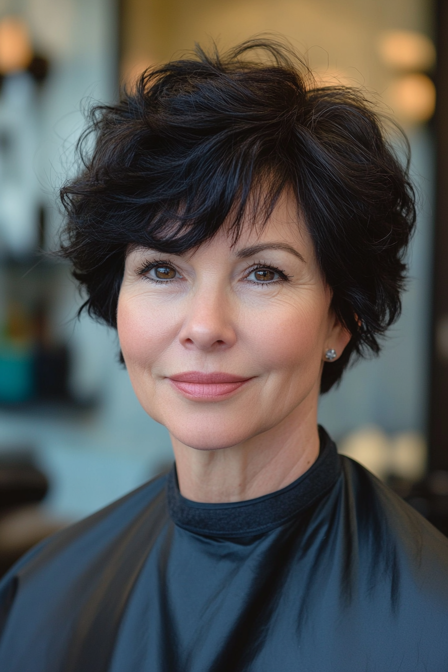 18. Short Feathered Cut in Silky Black (Short Black Hairstyles For Women Over 50) - Short Black Hairstyles For Women Over 50