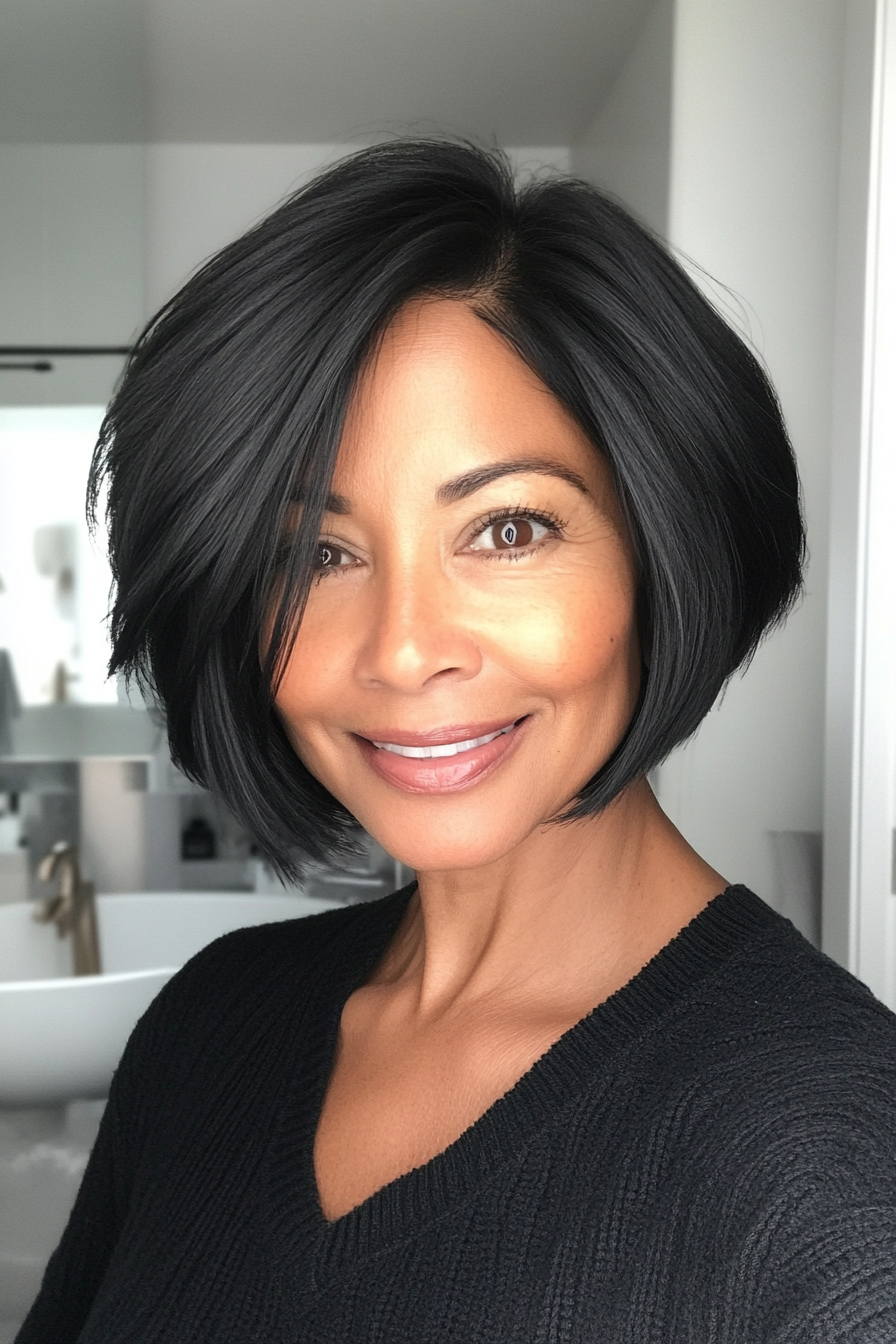 19. Tapered Nape Bob in Natural Black (Short Black Hairstyles For Women Over 50) - Short Black Hairstyles For Women Over 50
