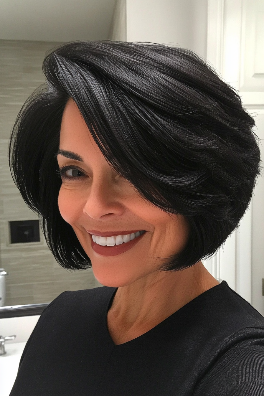 21. Graduated Bob in Soft Black Layers (Short Black Hairstyles For Women Over 50) - Short Black Hairstyles For Women Over 50