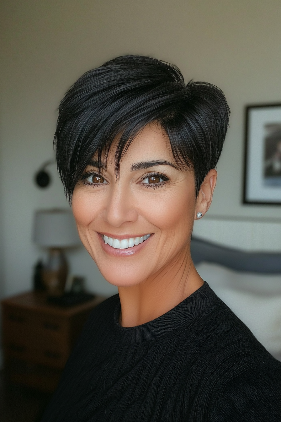 22. Swept Back Crop in Charcoal Black (Short Black Hairstyles For Women Over 50) - Short Black Hairstyles For Women Over 50