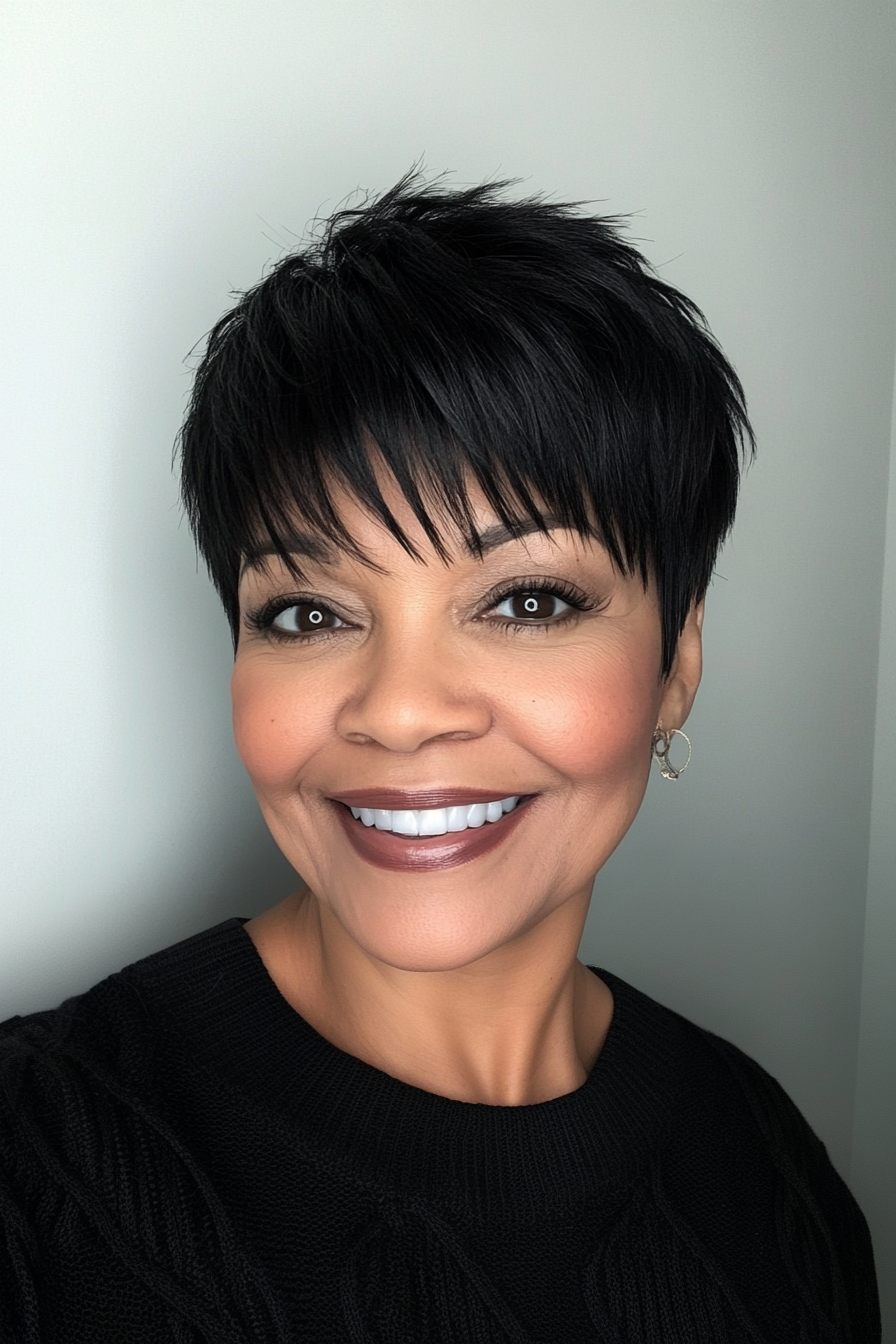 24. Fringed Pixie in True Black (Short Black Hairstyles For Women Over 50) - Short Black Hairstyles For Women Over 50
