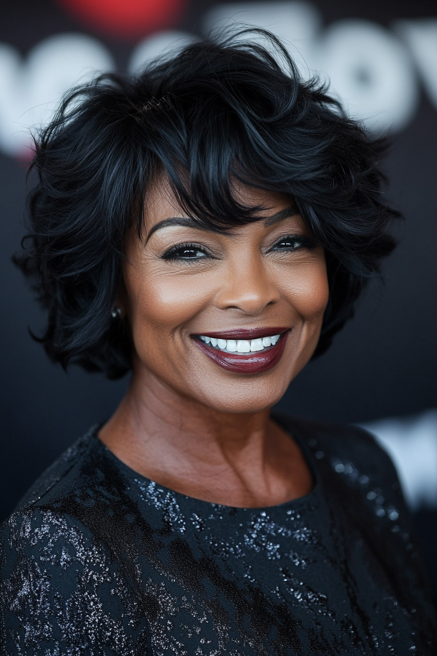 25. Tousled Bob in Velvet Black (Short Black Hairstyles For Women Over 50) - Short Black Hairstyles For Women Over 50