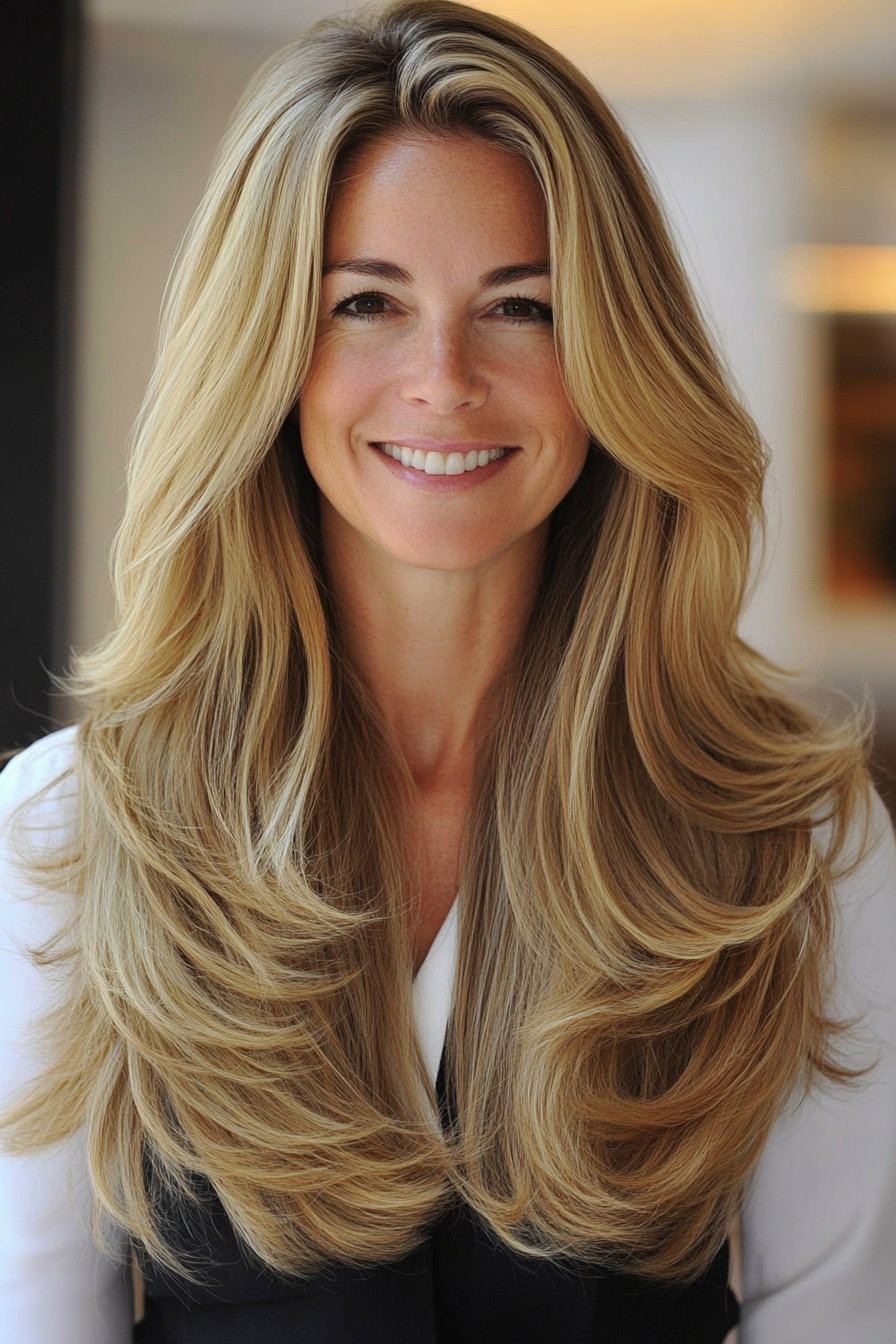 1. Sunlit Layered Cut in Honey Blonde (Long Hairstyles For Women Over 40) - Long Hairstyles For Women Over 40