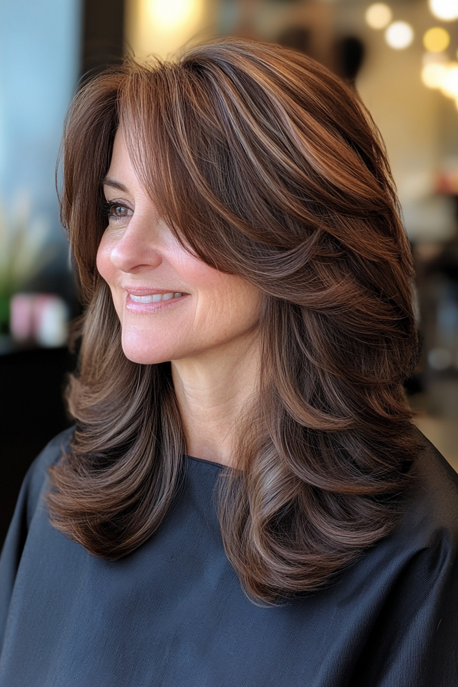 2. Feathered Brunette Layers with Side Bangs (Long Hairstyles For Women Over 40) - Long Hairstyles For Women Over 40