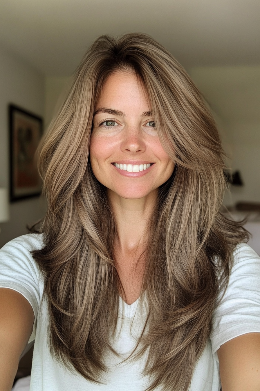 3. Ash Brown Shaggy Layers with Middle Part (Long Hairstyles For Women Over 40) - Long Hairstyles For Women Over 40