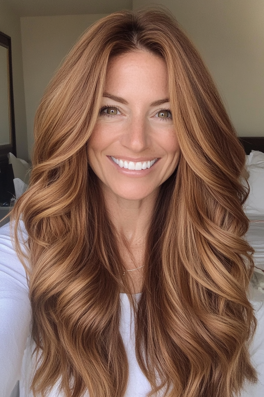 4. Golden Chestnut with Soft Waves (Long Hairstyles For Women Over 40) - Long Hairstyles For Women Over 40