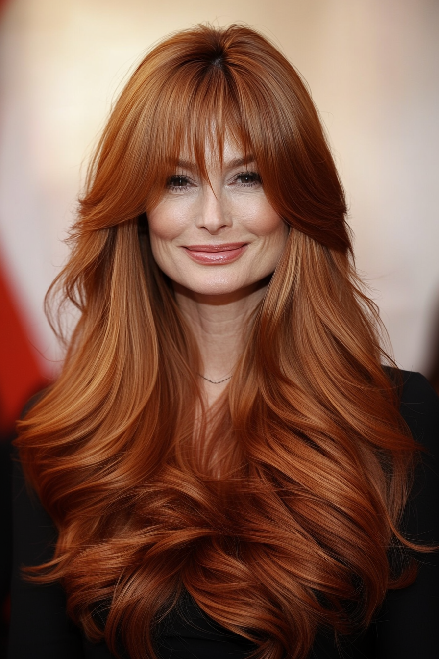 6. Layered Auburn with Curtain Bangs (Long Hairstyles For Women Over 40) - Long Hairstyles For Women Over 40
