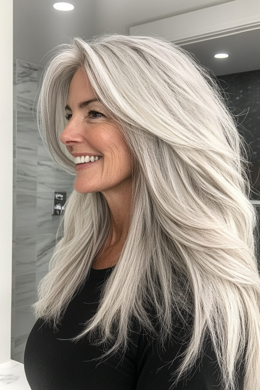 7. Natural Silver with Textured Layers (Long Hairstyles For Women Over 40) - Long Hairstyles For Women Over 40