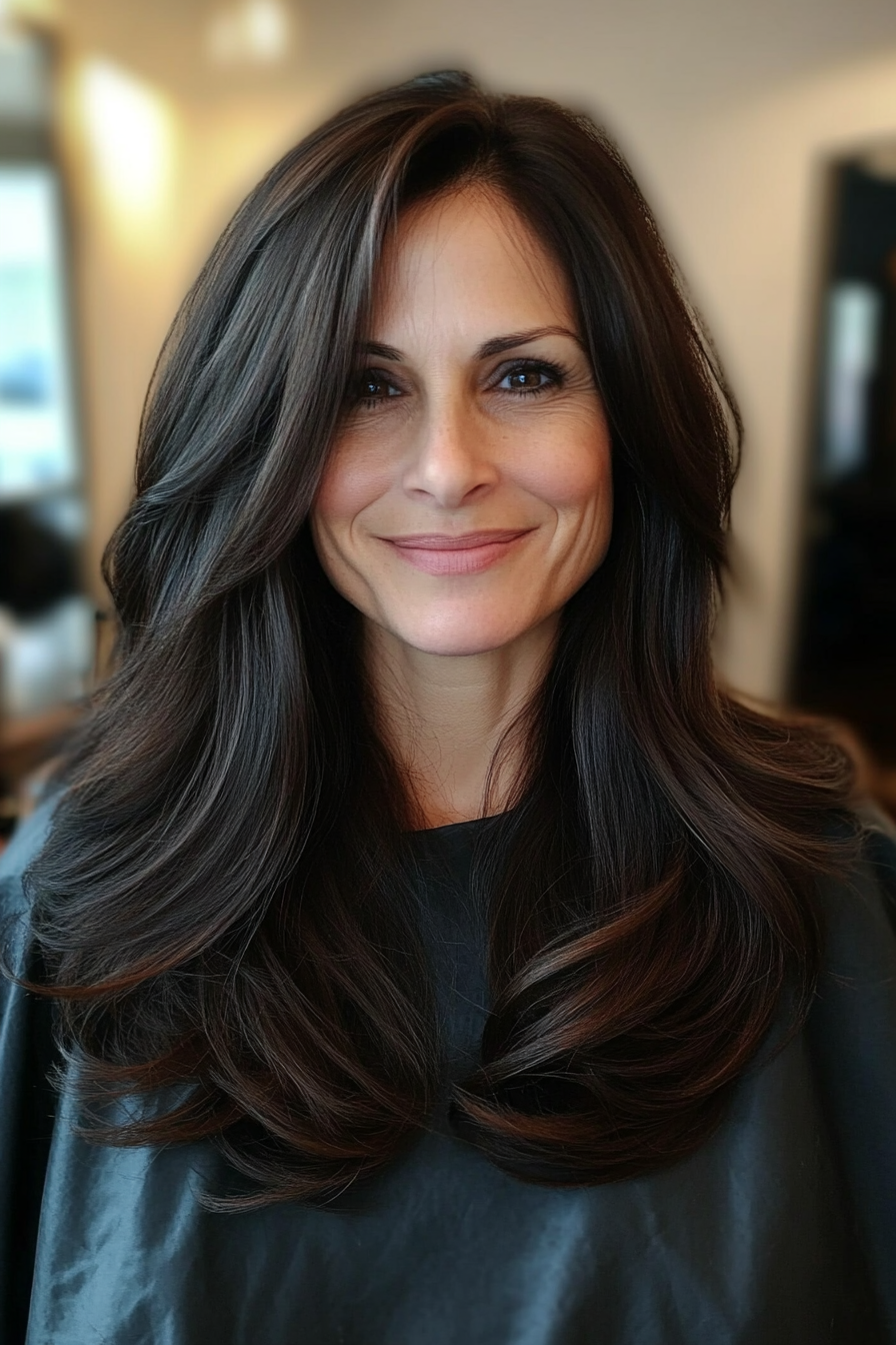 8. Espresso Brown with Face-Framing Layers (Long Hairstyles For Women Over 40) - Long Hairstyles For Women Over 40