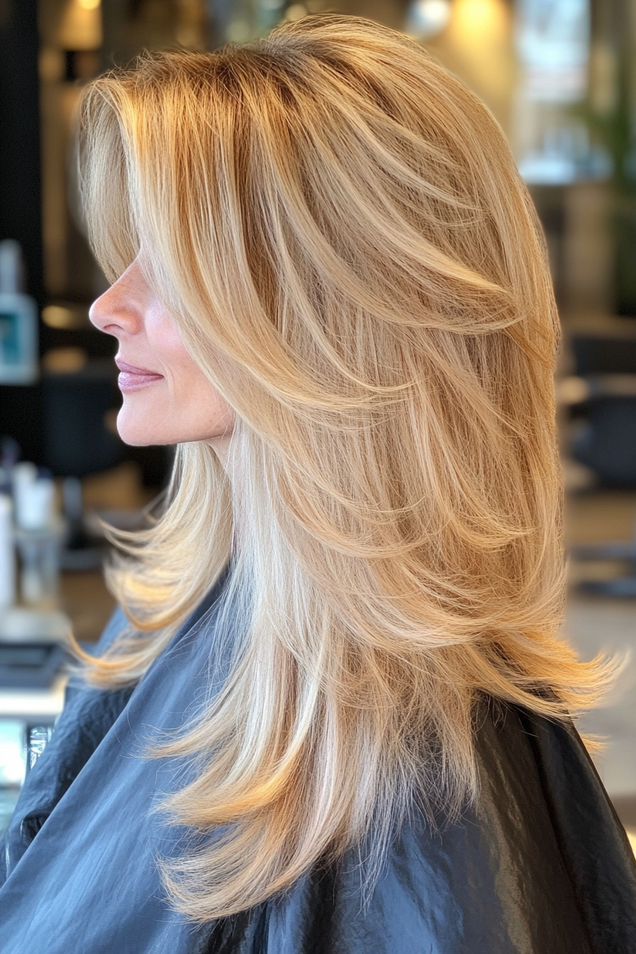 10. Sandy Blonde with Long Swooping Layers (Long Hairstyles For Women Over 40) - Long Hairstyles For Women Over 40