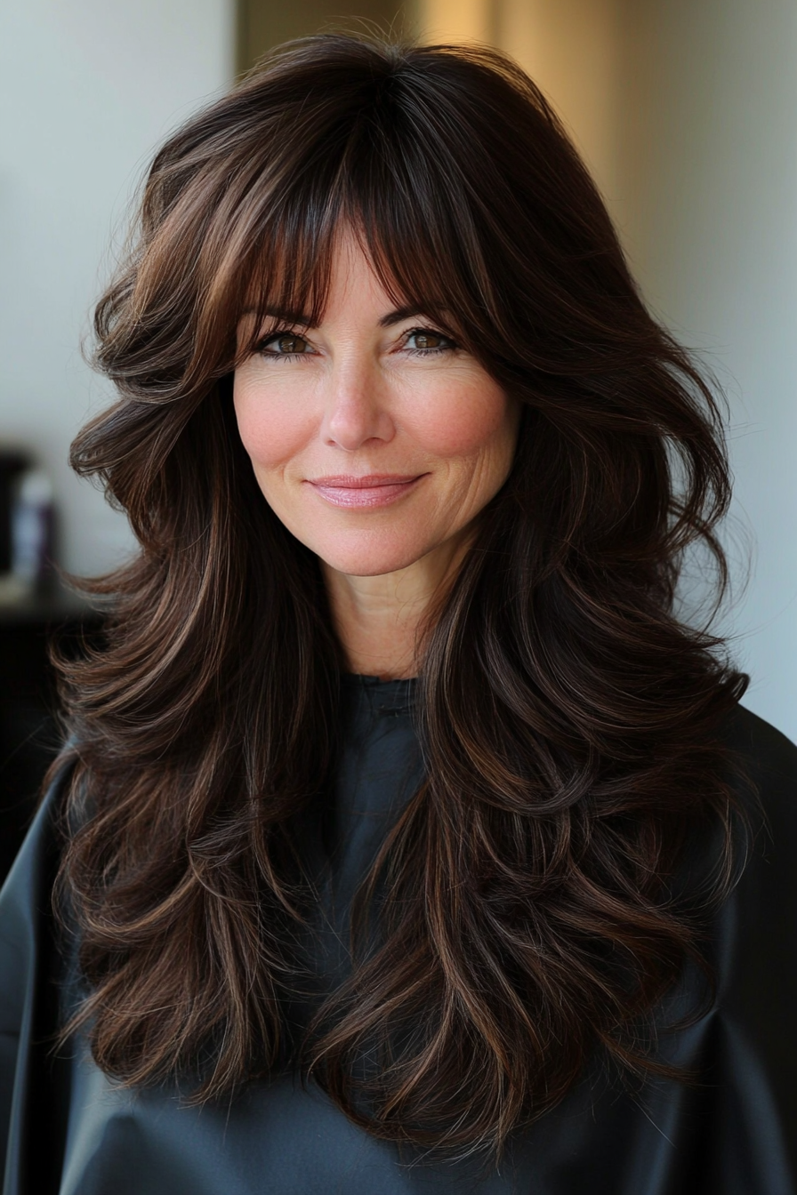 11. Mocha Waves with Wispy Bangs (Long Hairstyles For Women Over 40) - Long Hairstyles For Women Over 40