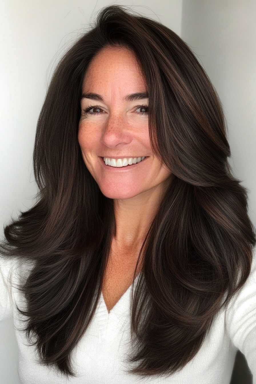 12. Dark Brown with Layered V-Cut Ends (Long Hairstyles For Women Over 40) - Long Hairstyles For Women Over 40