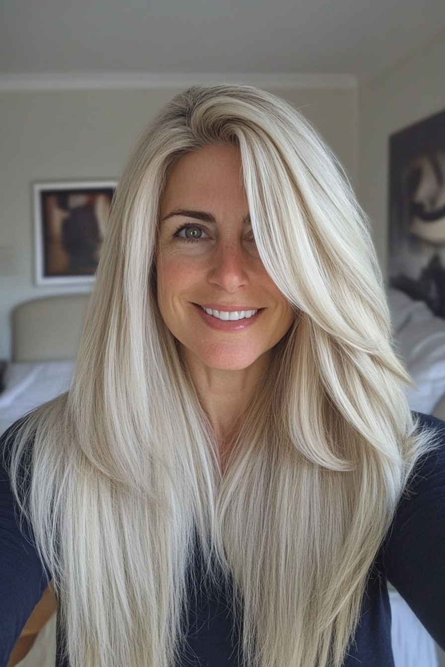 13. Icy Blonde with Blended Layers (Long Hairstyles For Women Over 40) - Long Hairstyles For Women Over 40