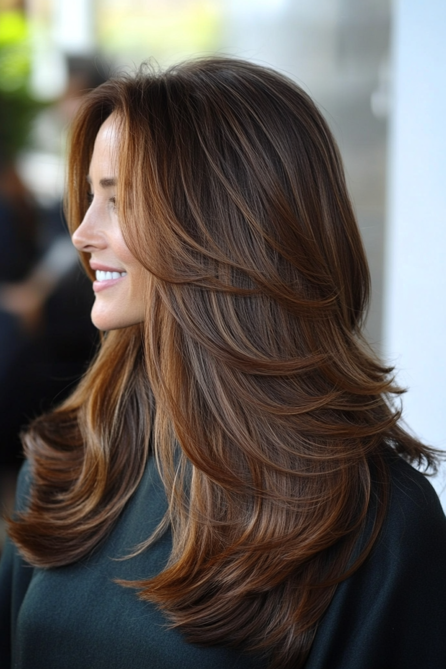 14. Warm Hazelnut with Subtle Flicks (Long Hairstyles For Women Over 40) - Long Hairstyles For Women Over 40