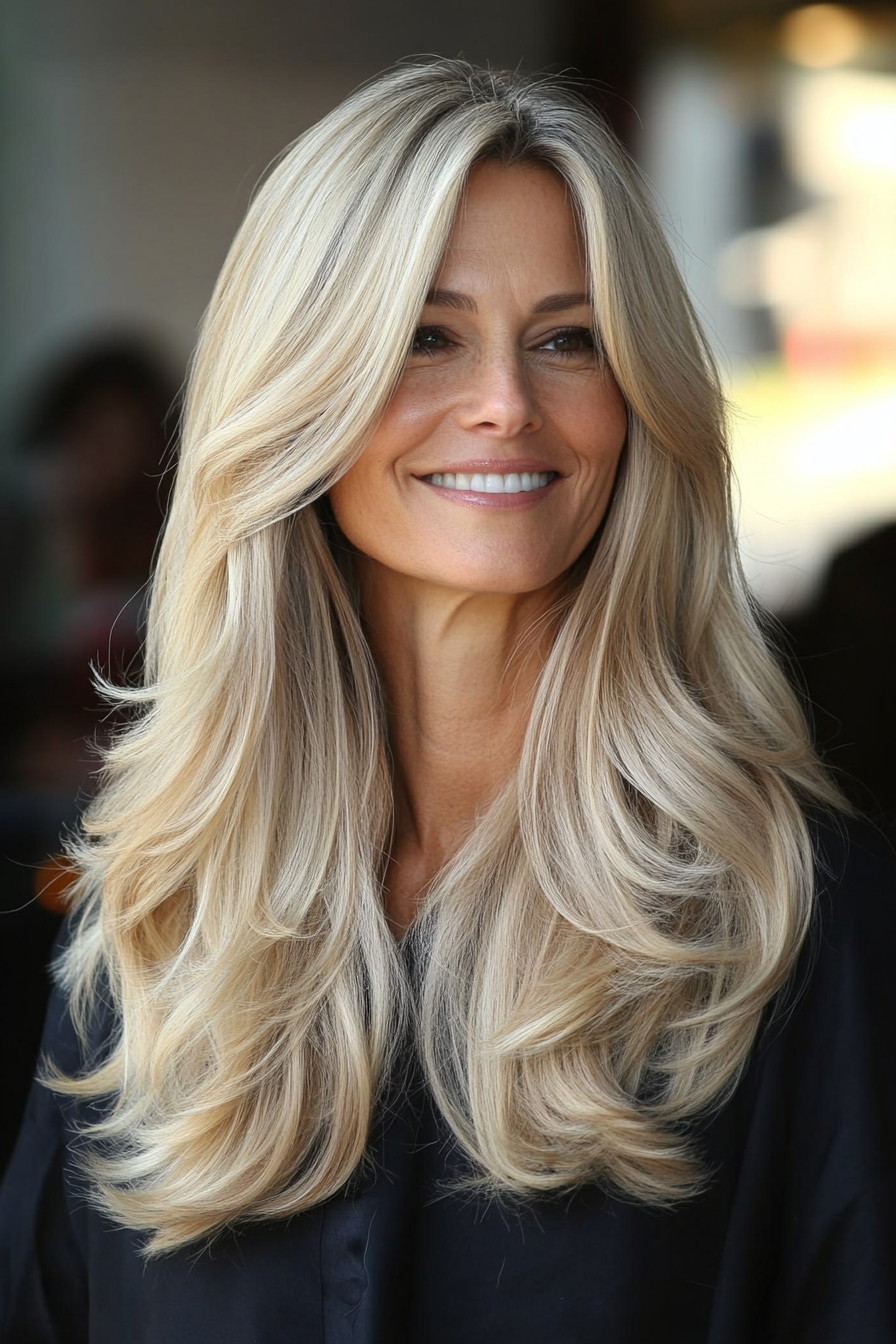 15. Ash Blonde with Soft Blowout Layers (Long Hairstyles For Women Over 40) - Long Hairstyles For Women Over 40