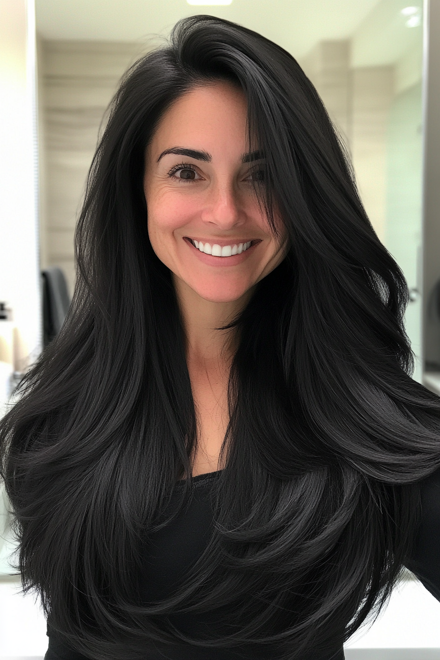 17. Classic Black with Tucked Layers (Long Hairstyles For Women Over 40) - Long Hairstyles For Women Over 40
