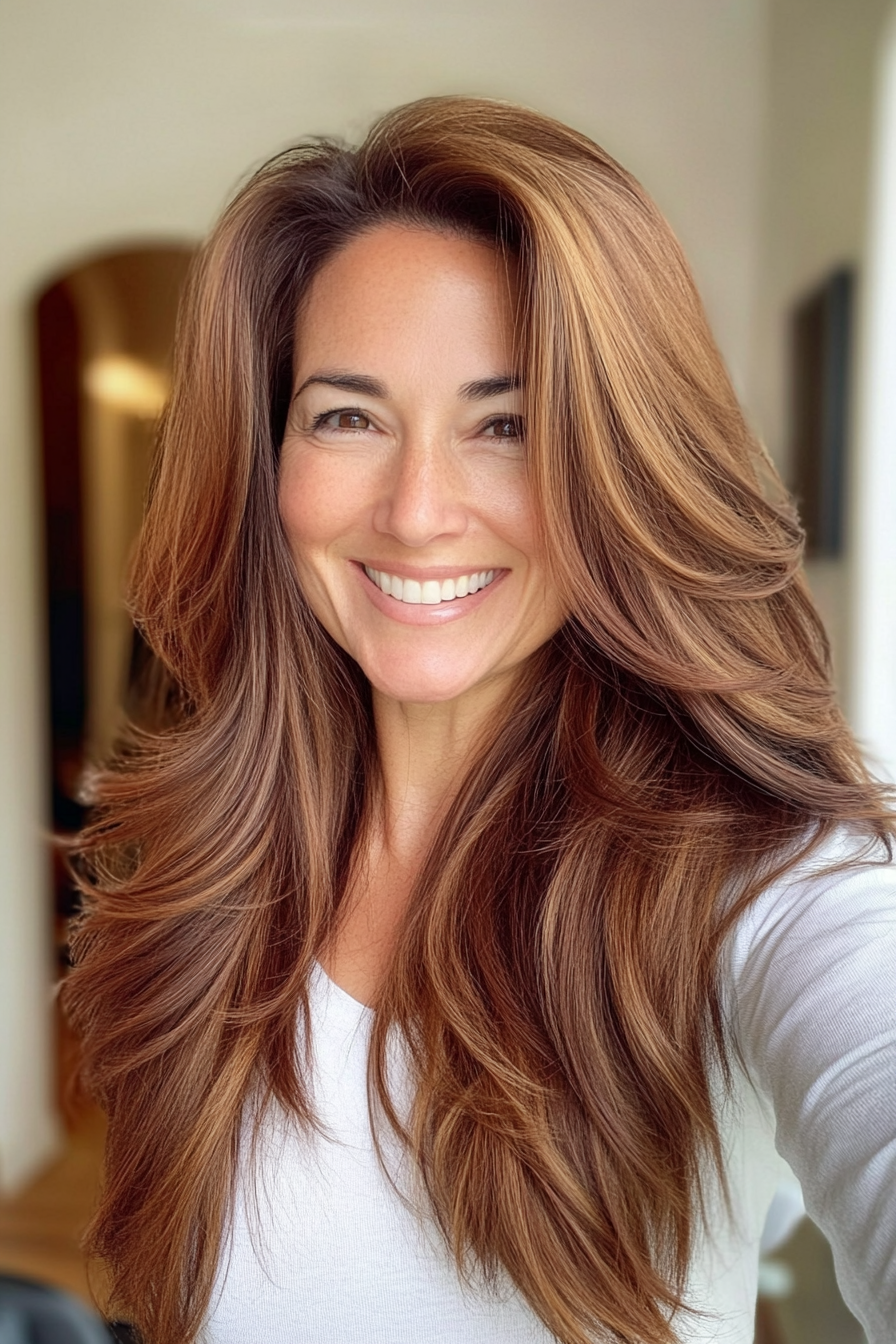 19. Cinnamon Brown with Waterfall Layers (Long Hairstyles For Women Over 40) - Long Hairstyles For Women Over 40