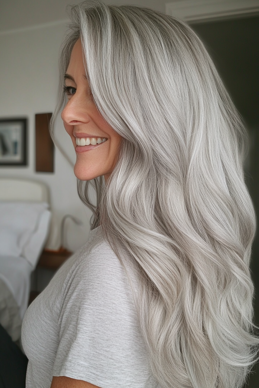 20. Pearl Gray with Long Tapered Layers (Long Hairstyles For Women Over 40) - Long Hairstyles For Women Over 40