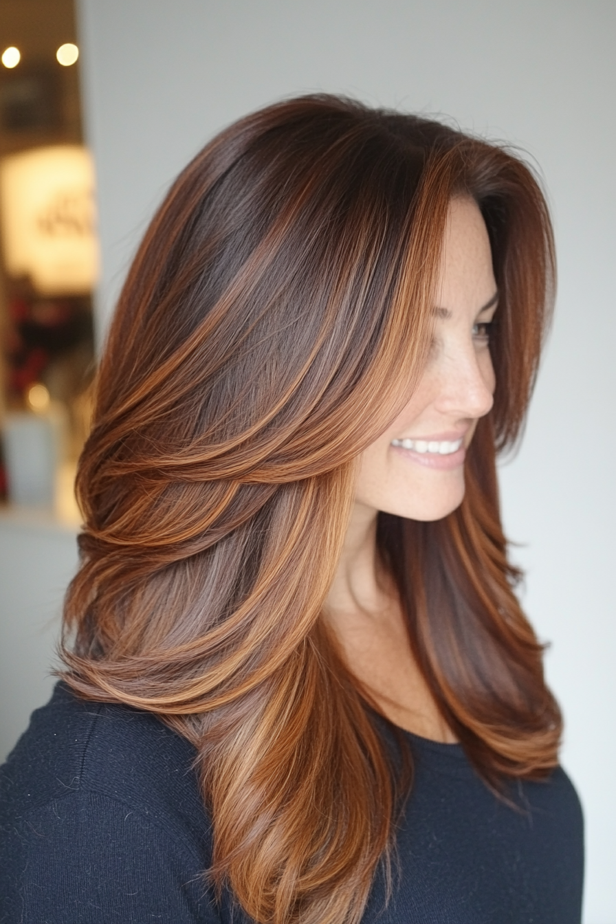 22. Chestnut Ombre with Gentle Layers (Long Hairstyles For Women Over 40) - Long Hairstyles For Women Over 40
