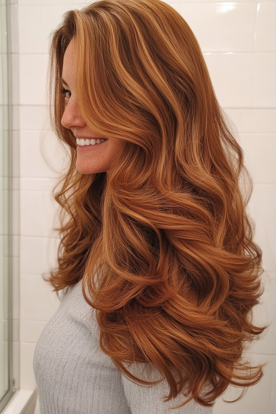 23. Honey Brown with Loose Layered Curls (Long Hairstyles For Women Over 40) - Long Hairstyles For Women Over 40