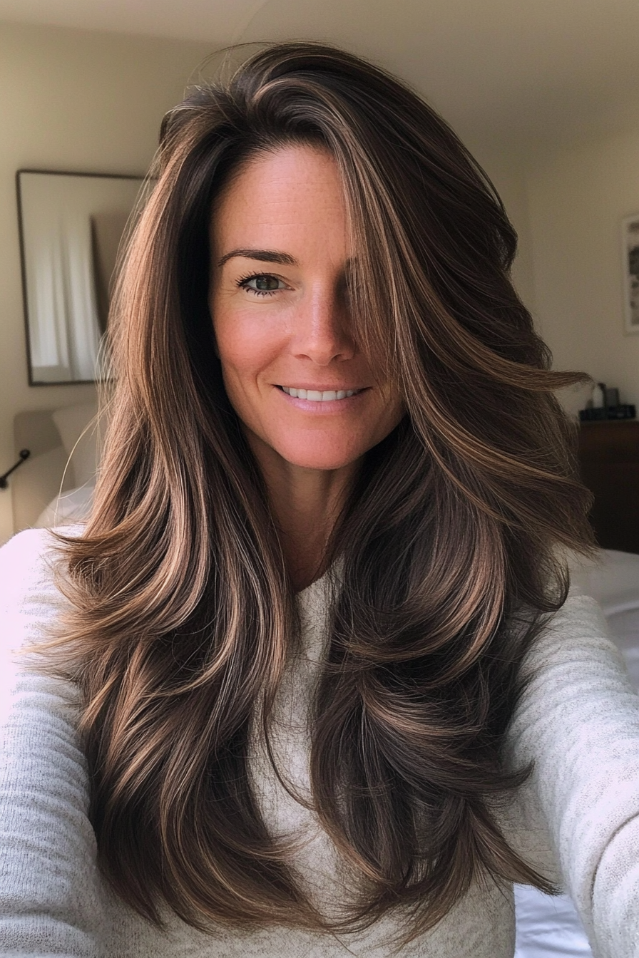 24. Neutral Brunette with Long Choppy Layers (Long Hairstyles For Women Over 40) - Long Hairstyles For Women Over 40