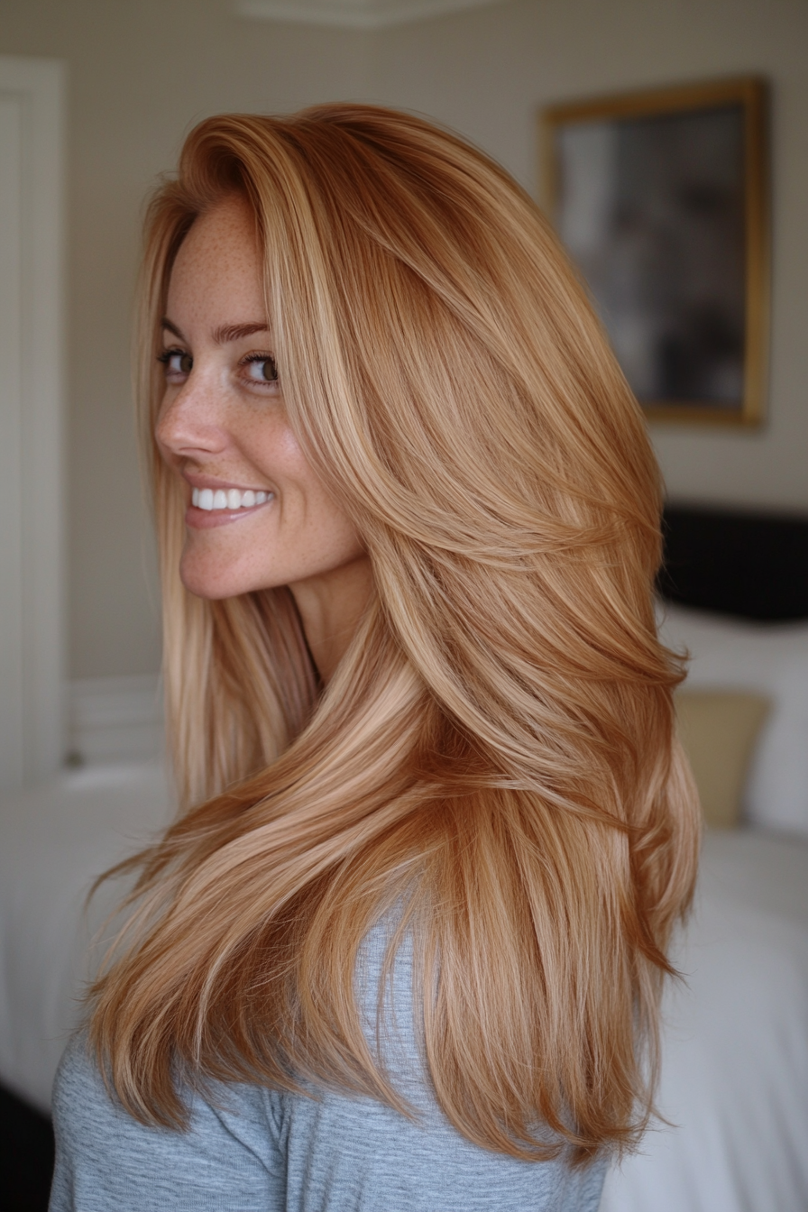 25. Strawberry Blonde with Sunkissed Layers (Long Hairstyles For Women Over 40) - Long Hairstyles For Women Over 40