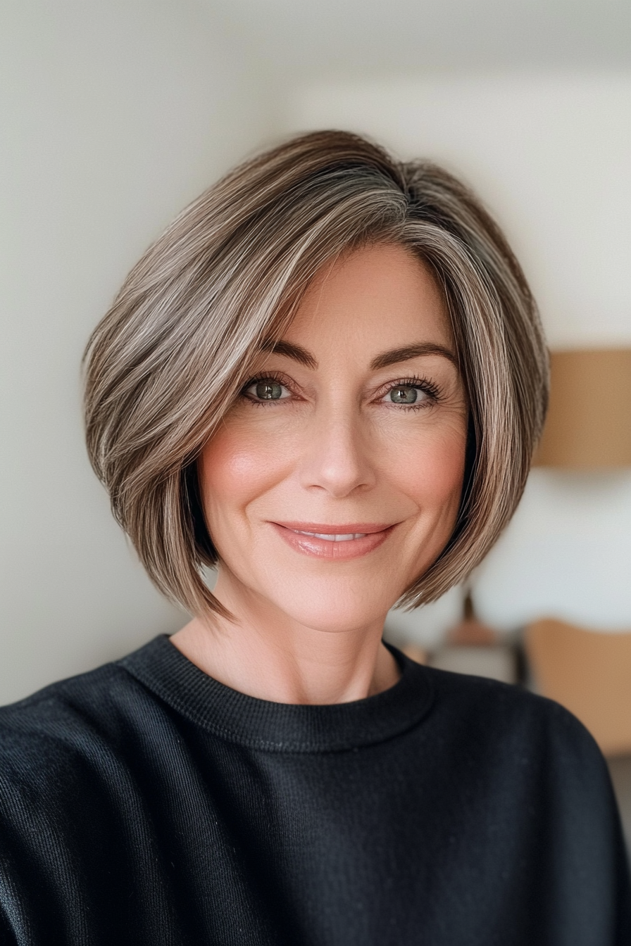 1. Feathered Bob with Ash Brown Blend (Short Bob Hairstyles For Older Women) - Short Bob Hairstyles For Older Women