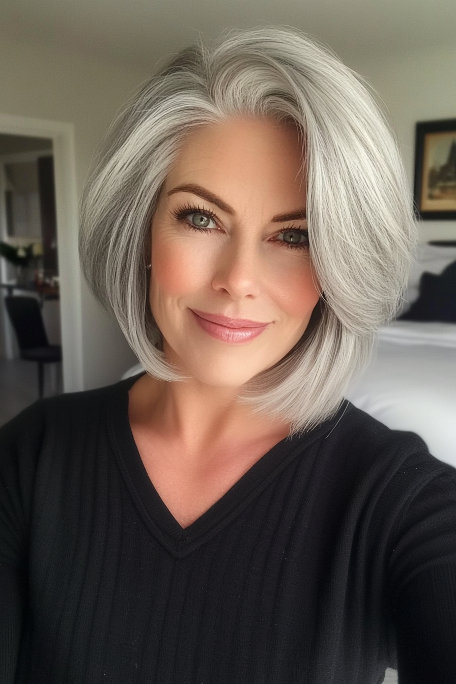 4. Layered Silver Bob with Tapered Ends (Short Bob Hairstyles For Older Women) - Short Bob Hairstyles For Older Women