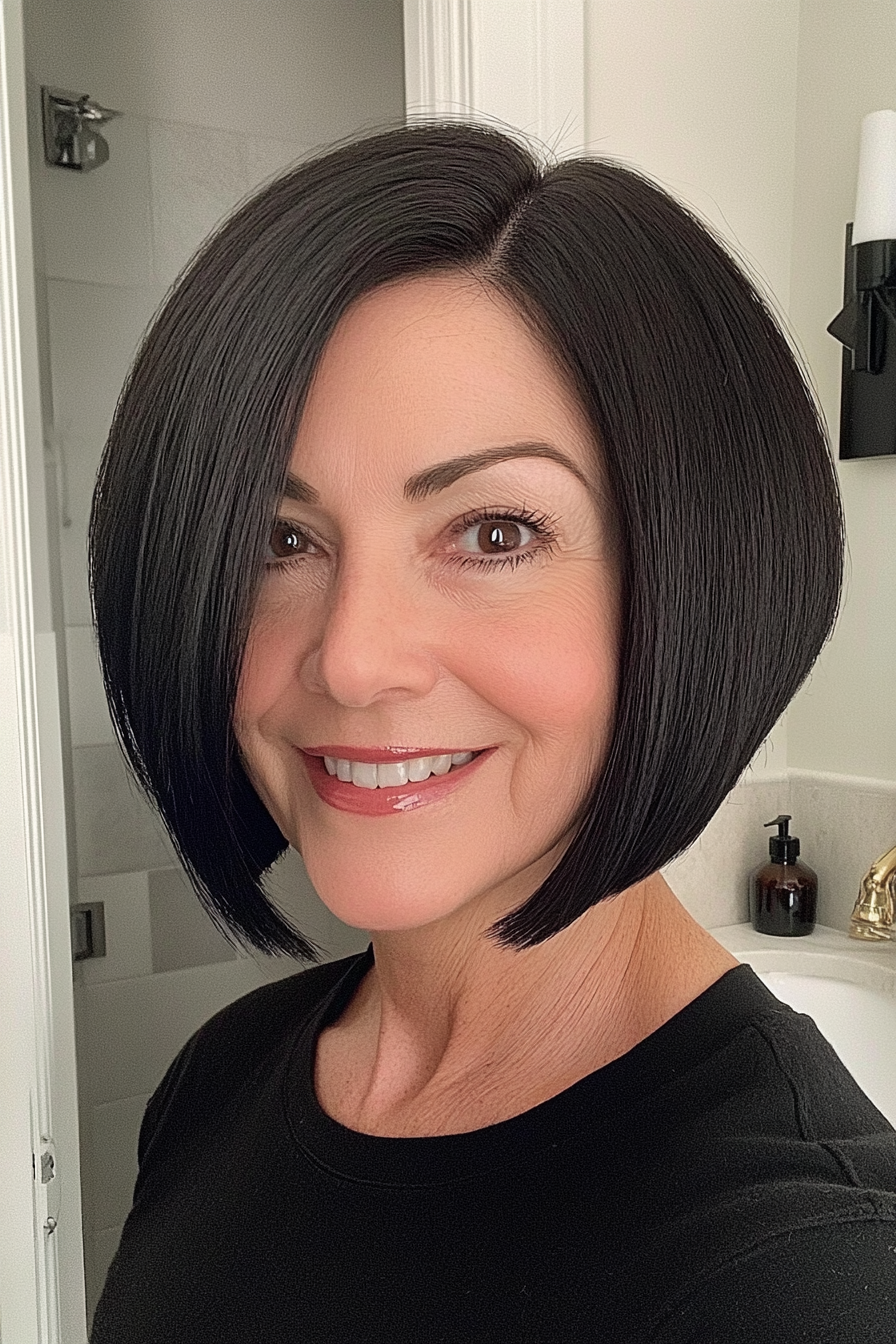 6. Rounded Bob with Natural Black Shine (Short Bob Hairstyles For Older Women) - Short Bob Hairstyles For Older Women