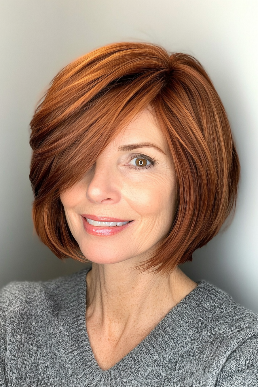 7. Short Stacked Bob in Warm Auburn (Short Bob Hairstyles For Older Women) - Short Bob Hairstyles For Older Women