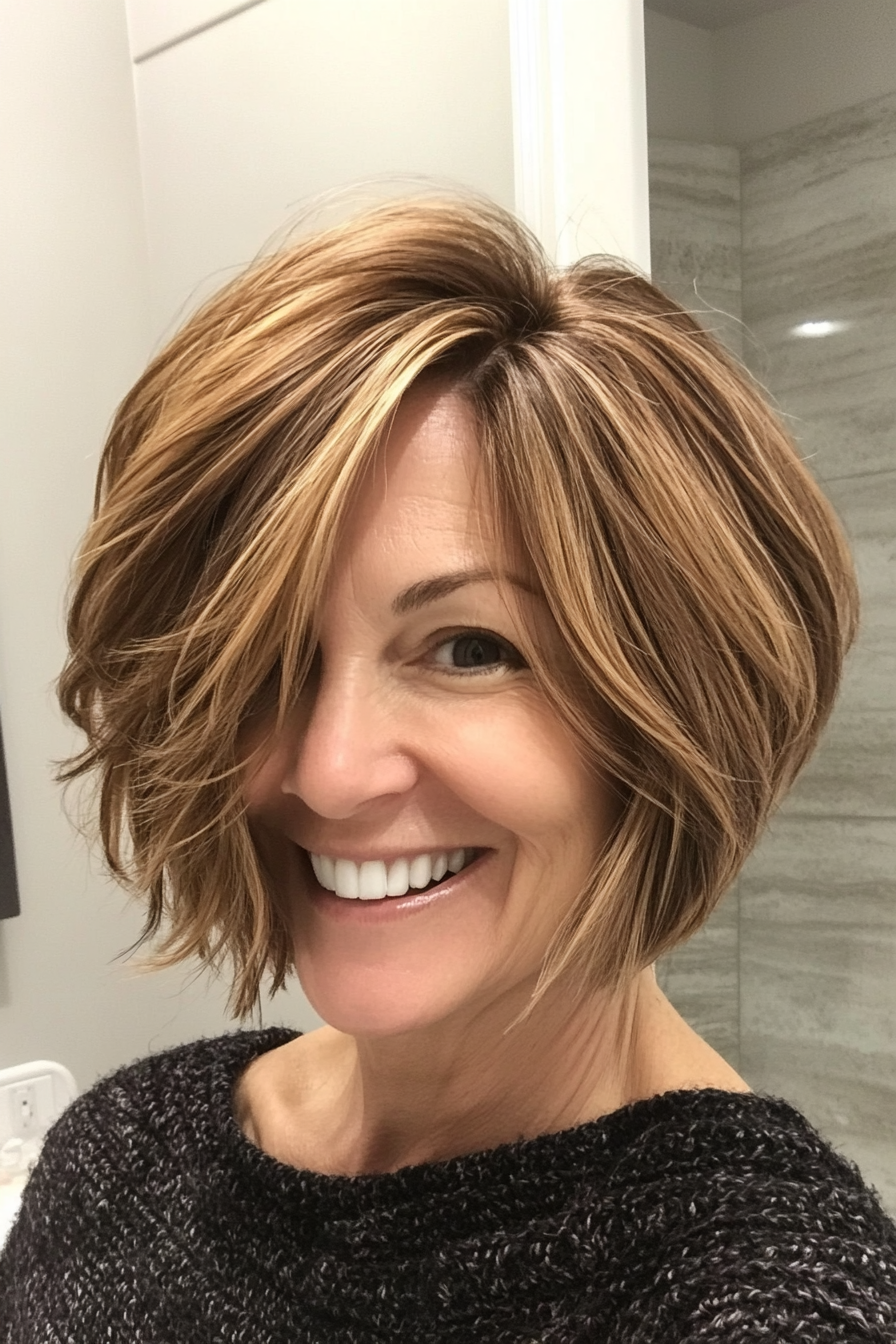 9. Choppy Bob with Golden Brown Tones (Short Bob Hairstyles For Older Women) - Short Bob Hairstyles For Older Women