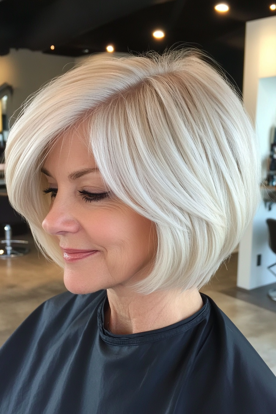 10. Layered Bob with White Blonde Finish (Short Bob Hairstyles For Older Women) - Short Bob Hairstyles For Older Women