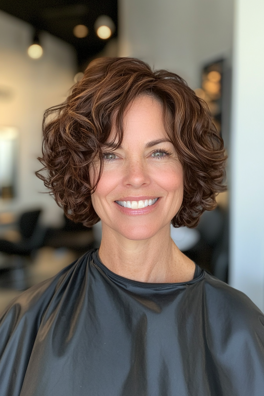 15. Curly Bob in Deep Chestnut (Short Bob Hairstyles For Older Women) - Short Bob Hairstyles For Older Women