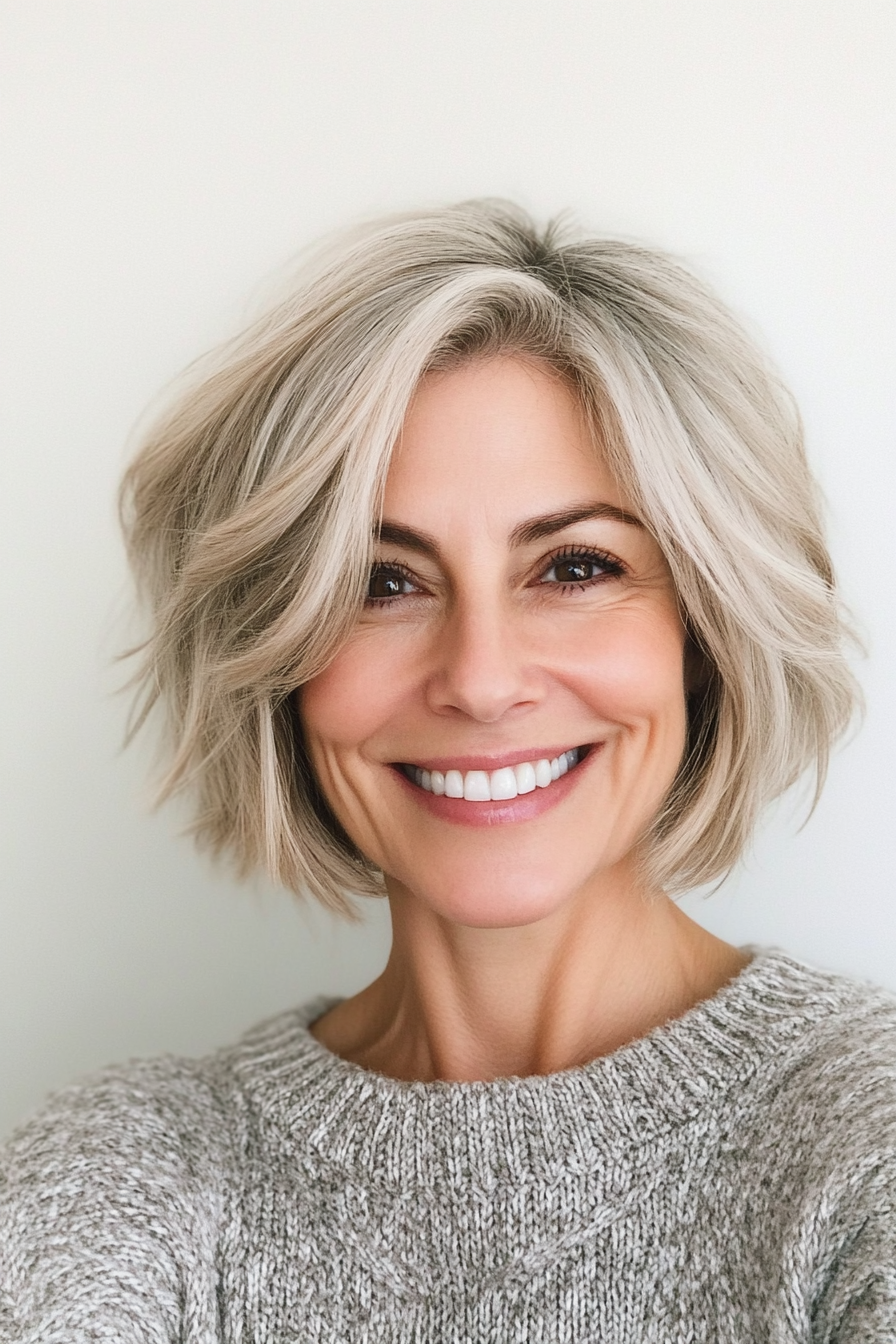17. Messy Bob with Light Ash Blonde Highlights (Short Bob Hairstyles For Older Women) - Short Bob Hairstyles For Older Women