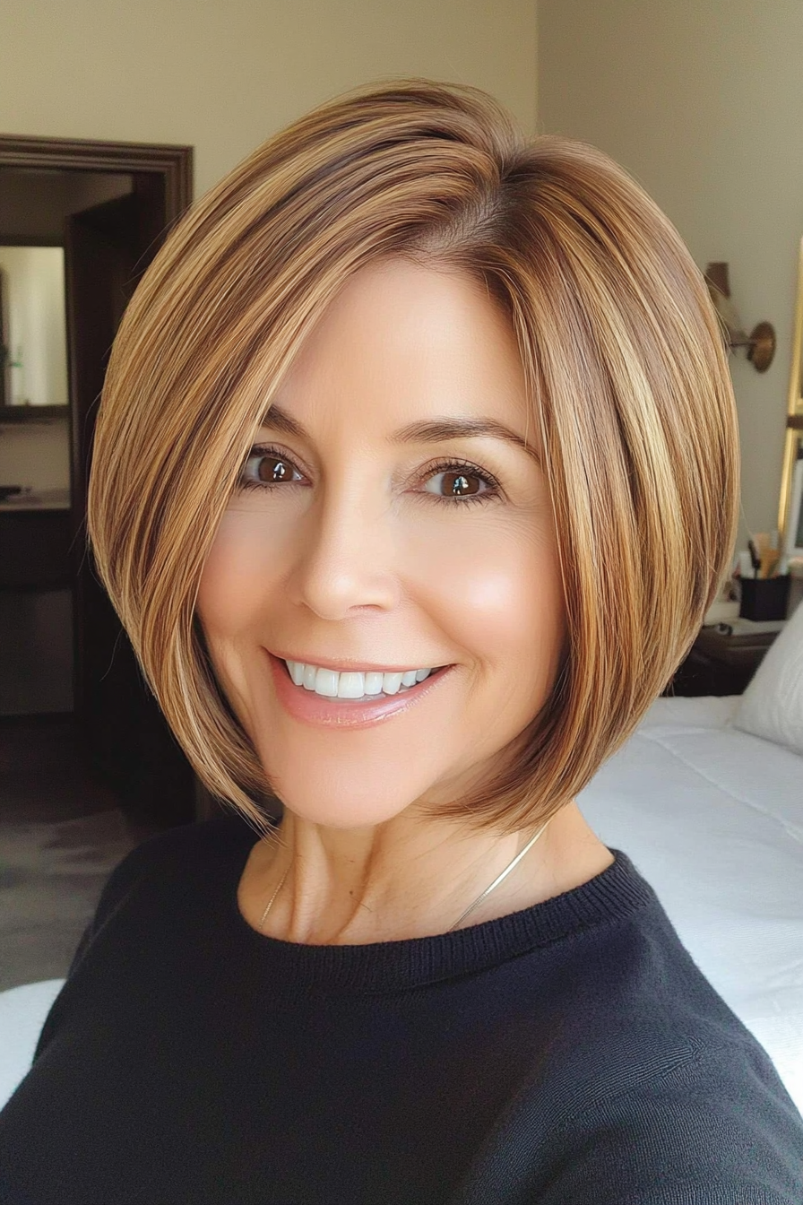 19. Classic Bob with Subtle Warm Brown Balayage (Short Bob Hairstyles For Older Women) - Short Bob Hairstyles For Older Women