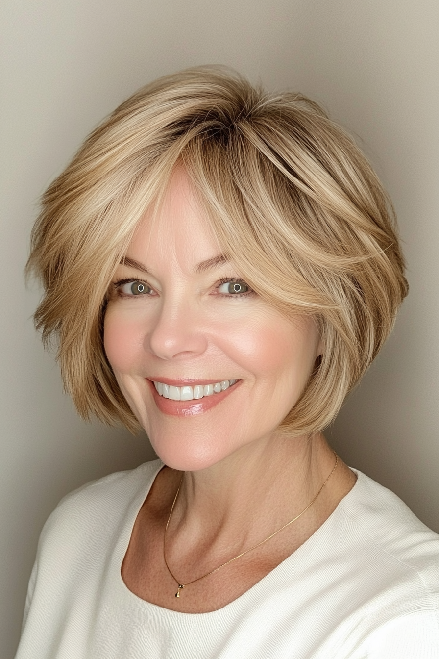 20. Short Layered Bob in Honey Blonde (Short Bob Hairstyles For Older Women) - Short Bob Hairstyles For Older Women