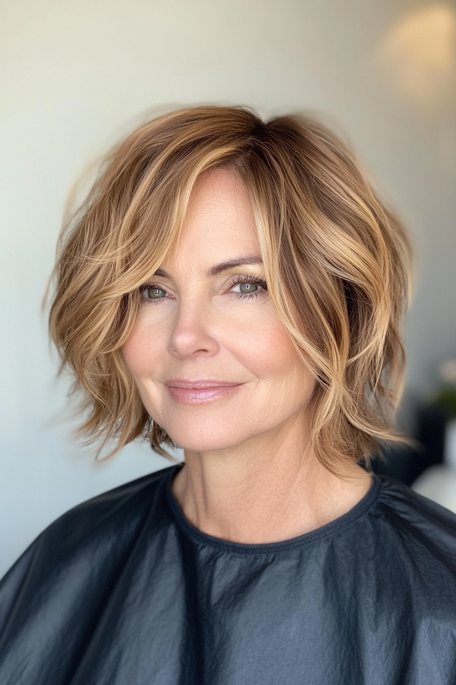 22. Tousled Bob with Light Caramel Layers (Short Bob Hairstyles For Older Women) - Short Bob Hairstyles For Older Women