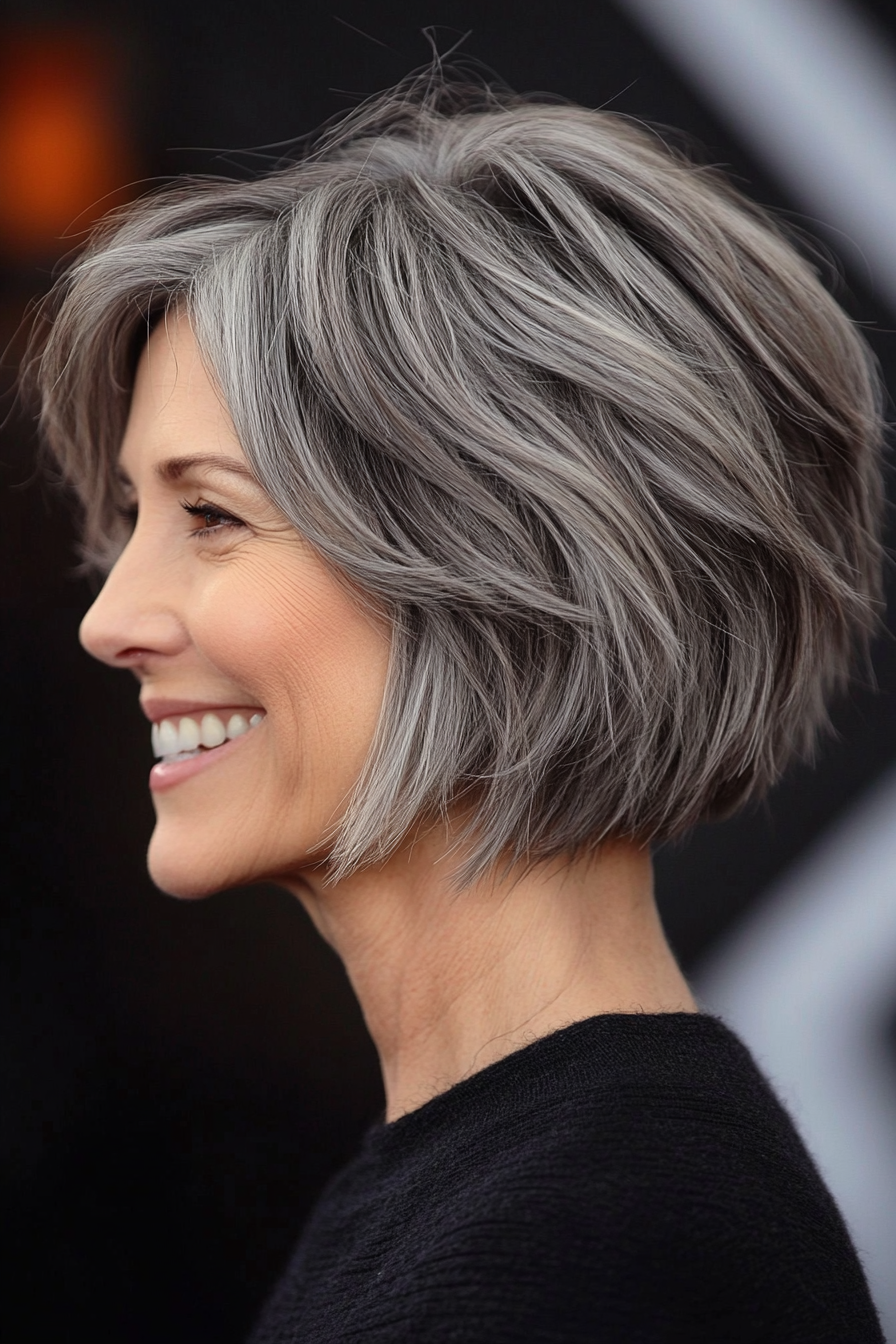 23. Short Shaggy Bob in Ash Gray (Short Bob Hairstyles For Older Women) - Short Bob Hairstyles For Older Women